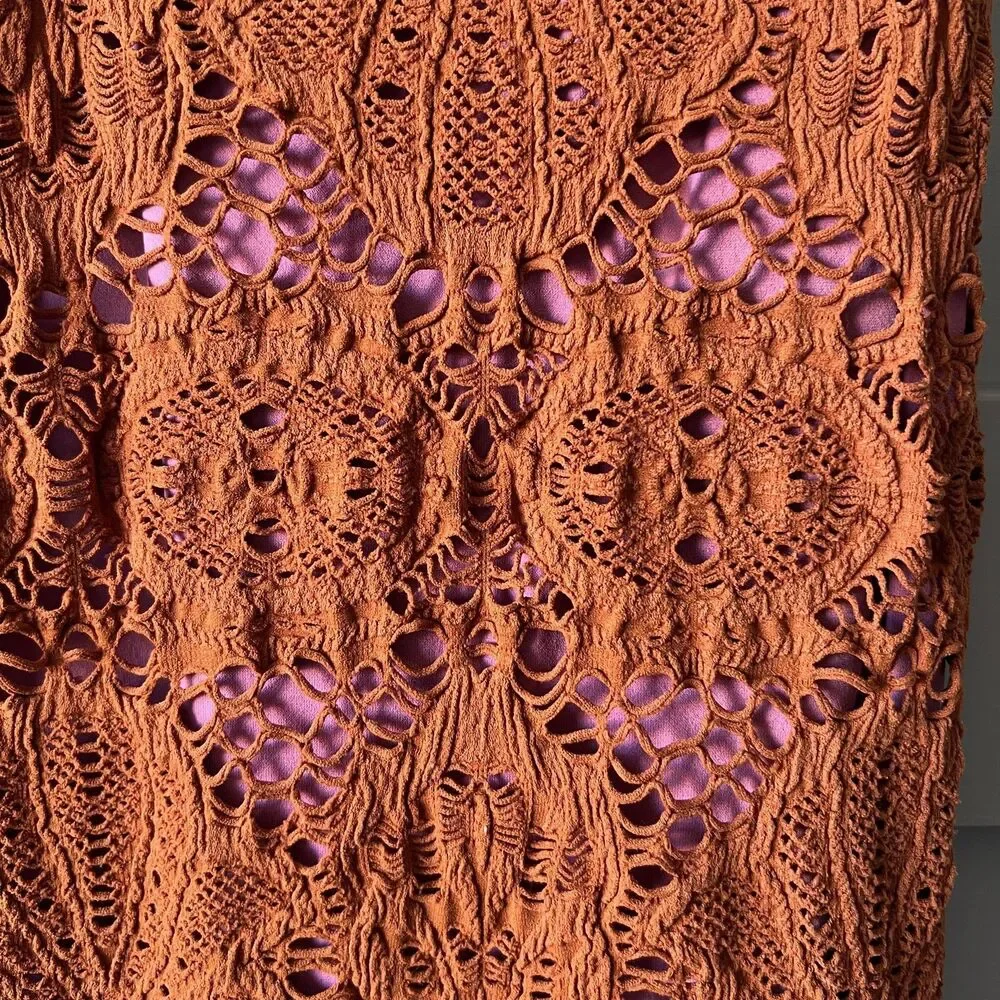 Intimately Free People Mini Dress Womens XS/S Rust Crochet Lace Bodycon Made USA - Picture 5 of 6